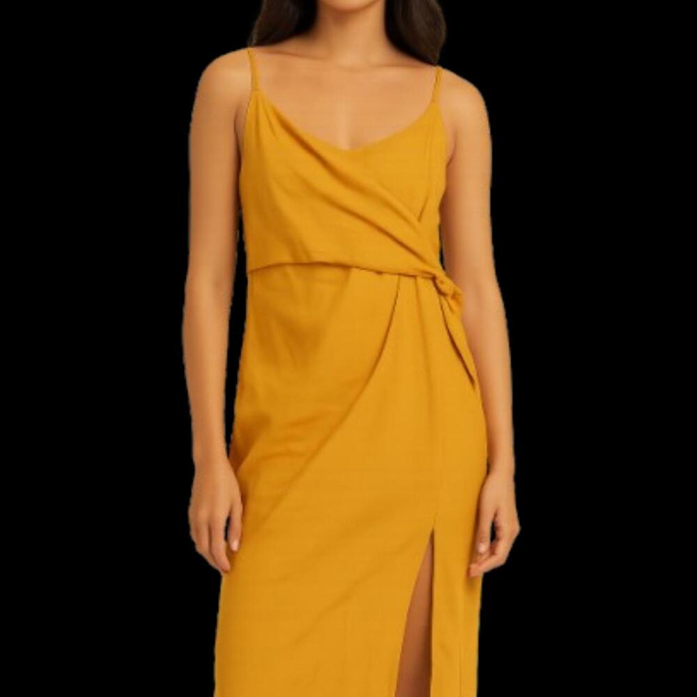J.O.A. Mustard Yellow Drape Wrap Midi Dress – Size S